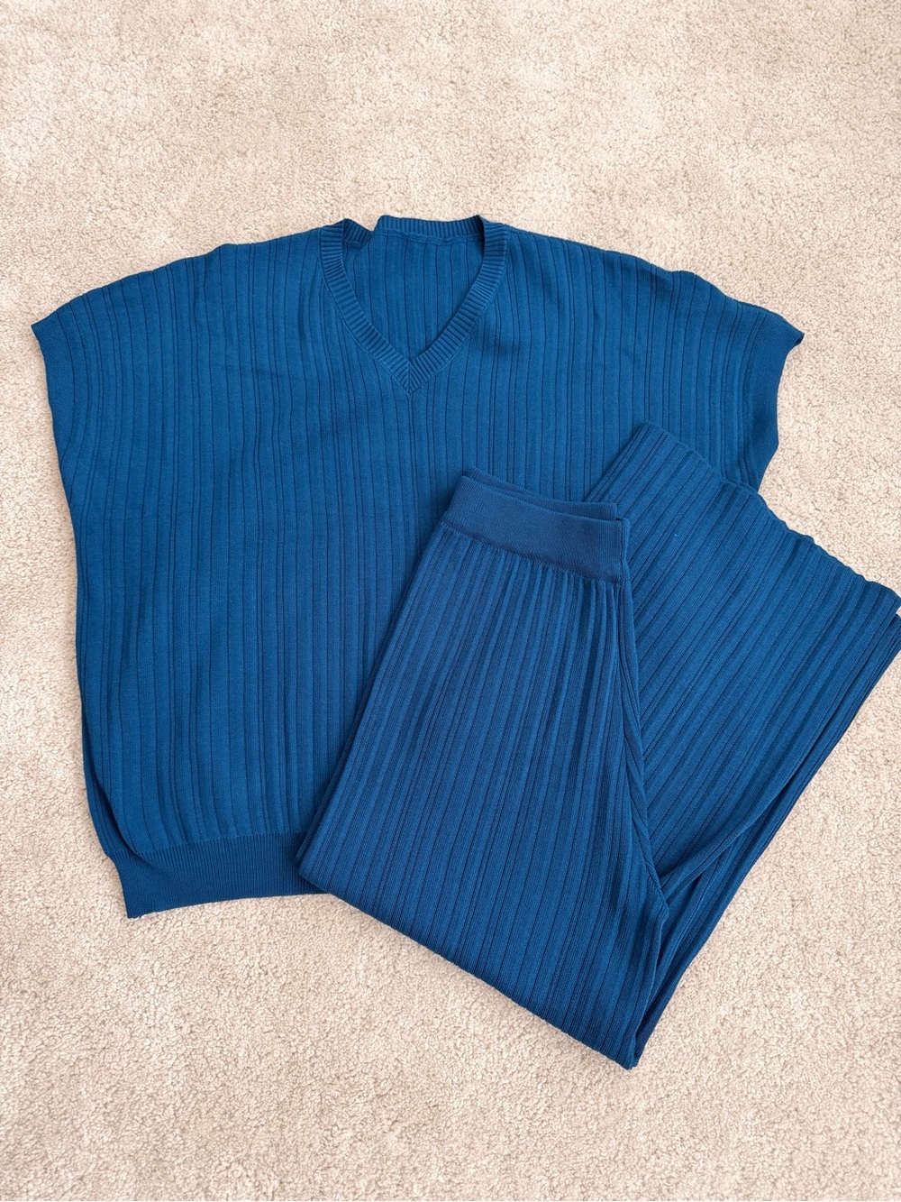 Ribbed Knit Two-Piece Set in Teal Blue